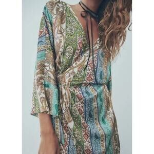 Zara Paisley Print Romper/Dress Satin Wrap XS V-Neck Silky Spring Summer